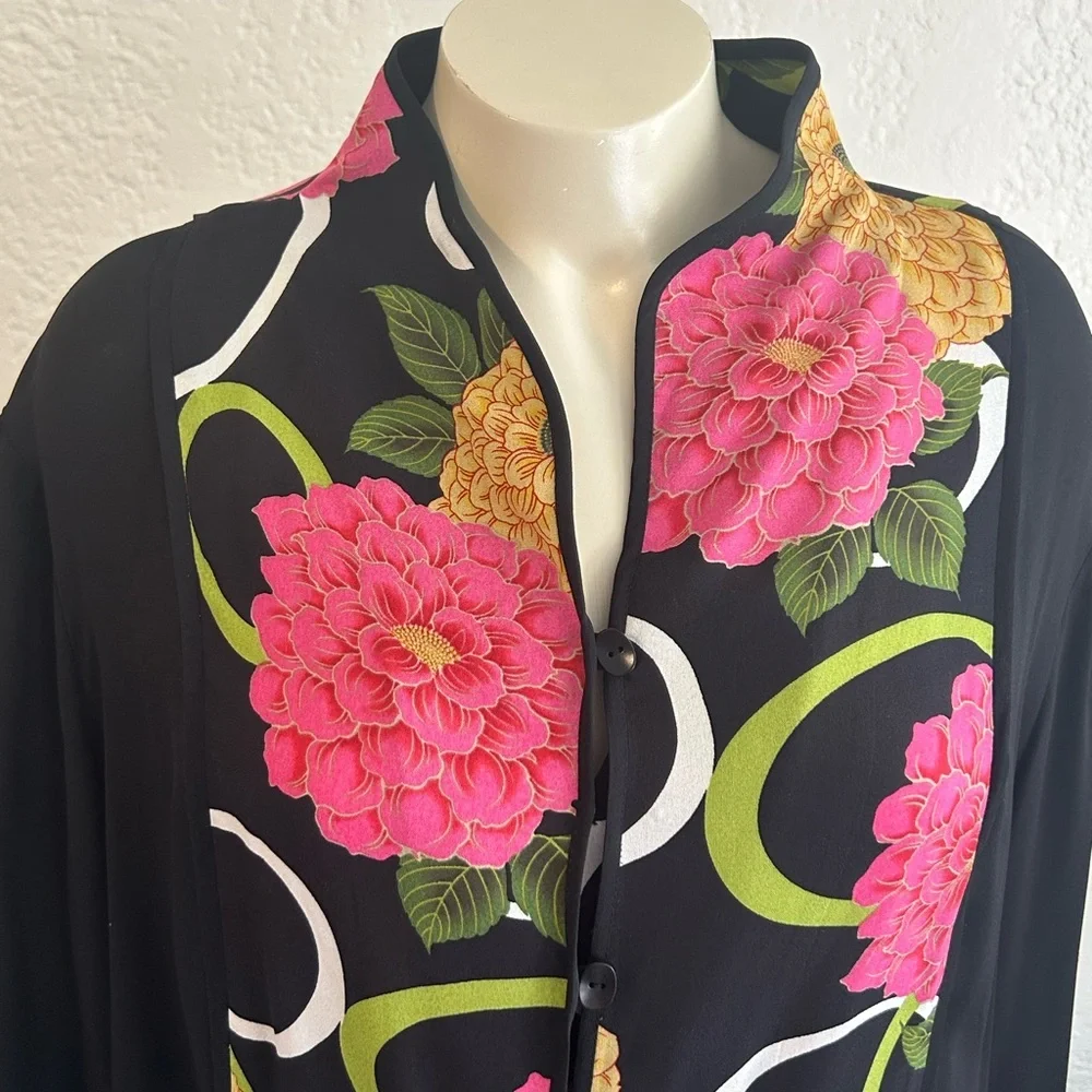 HARARI 100% silk Chic Black Pink Floral blouse sz OX